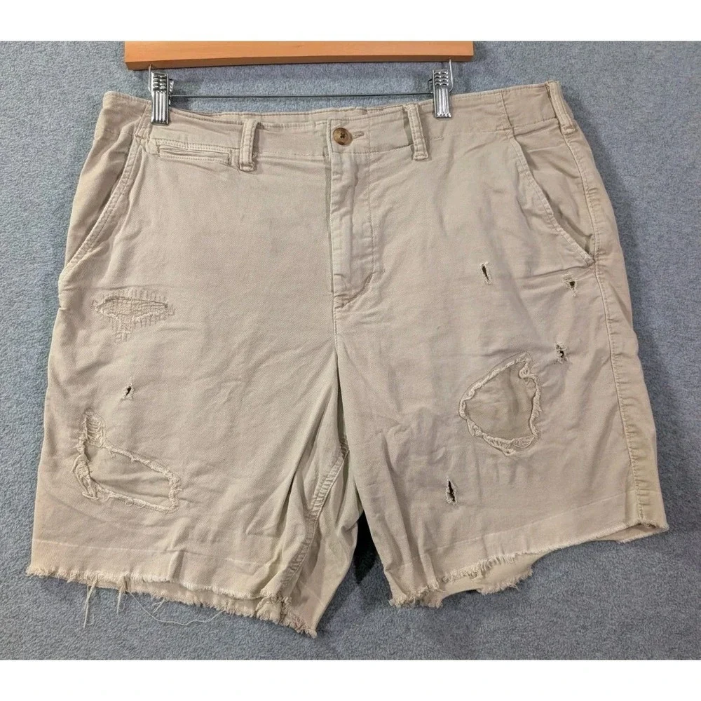 American Eagle Flex Distressed Cutoff Chino Shorts Men's Size 36 Beige Grunge